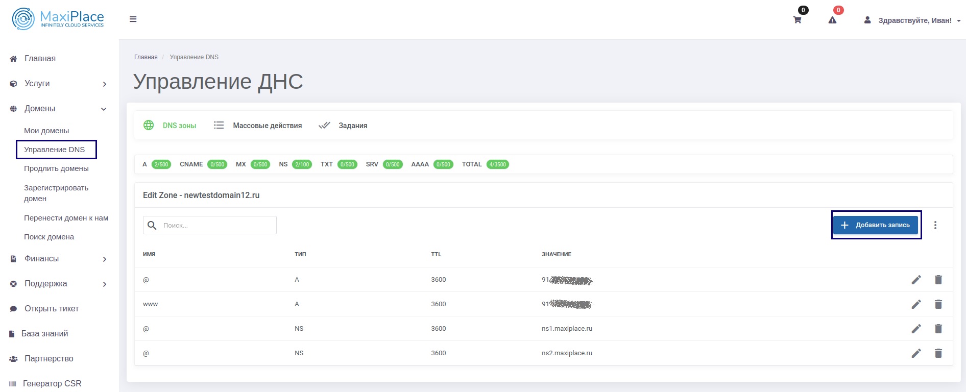 Добавление ресурсных записей (A, CNAME, MX, NS, SRV, TXT) - База знаний  Maxiplace